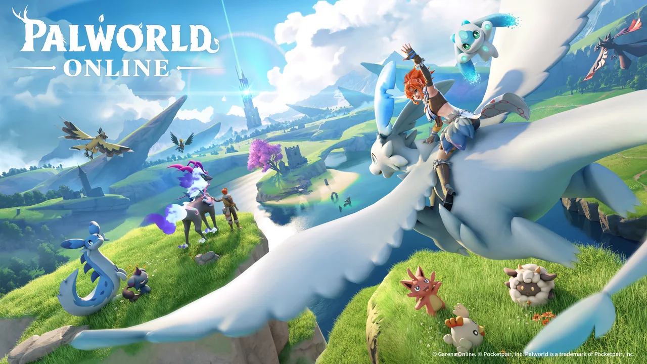 Palworld Online key art from Garena showing Pals and a trainer for the mobile MMORPG
