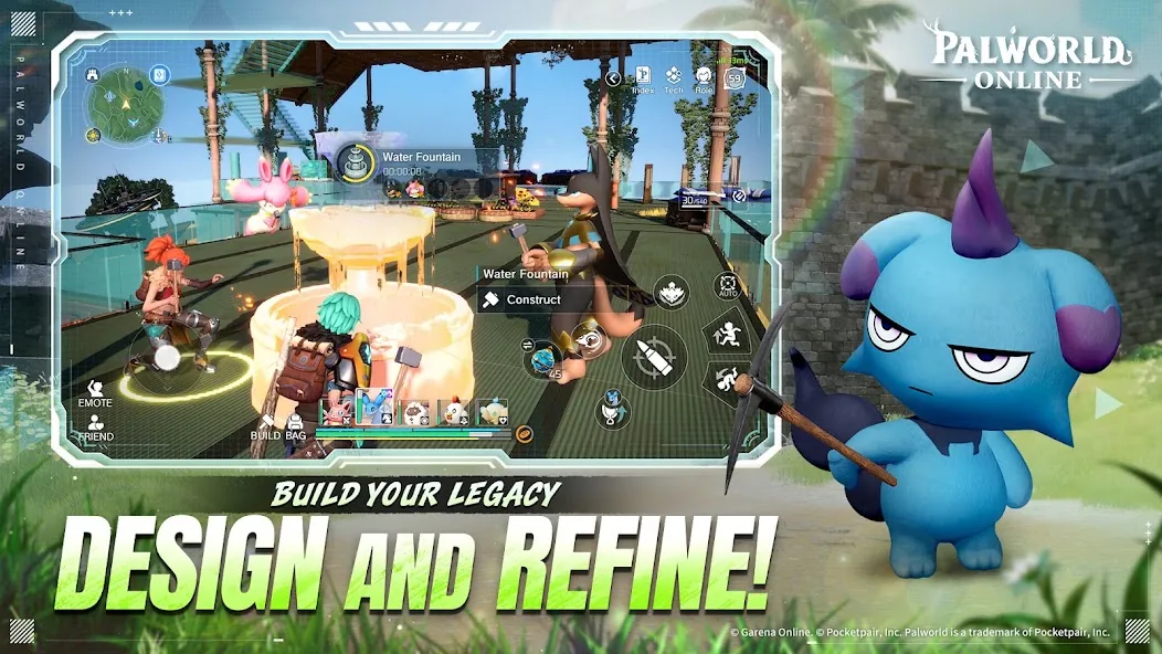 Palworld Online mobile screenshot showing co-op base building and shared settlement gameplay