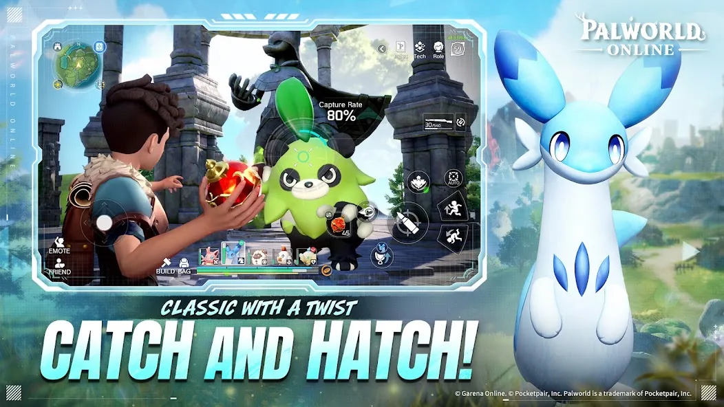 Palworld Online mobile screenshot showing Pal catching and hatching gameplay on a phone interface