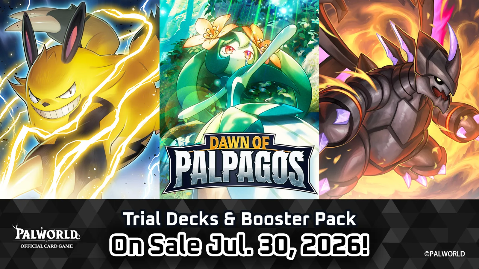 Official Palworld OFFICIAL CARD GAME Dawn of Palpagos Trial Decks and Booster Pack key art