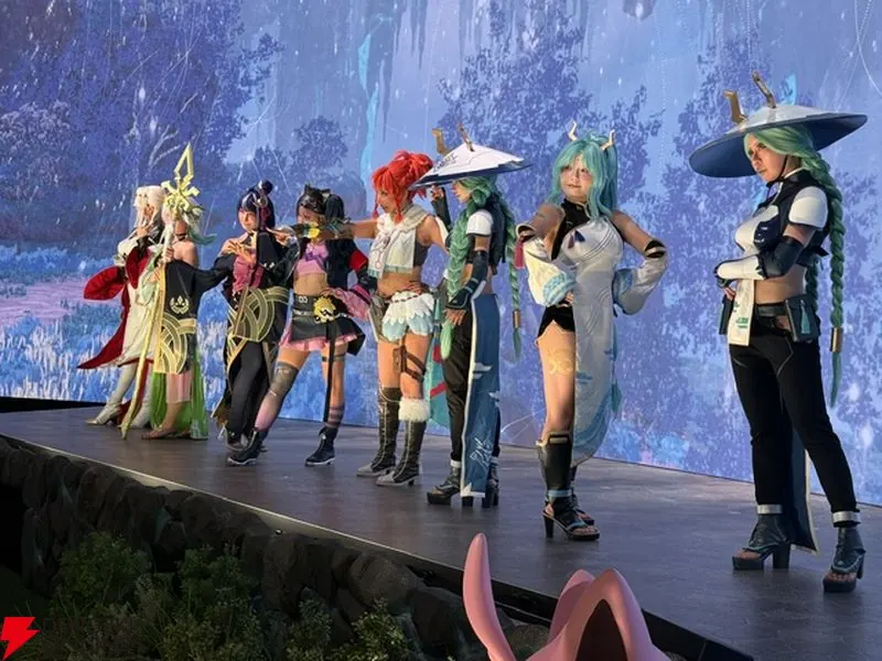 Palworld cosplayers appearing together on the Pocketpair stage at Tokyo Game Show 2026