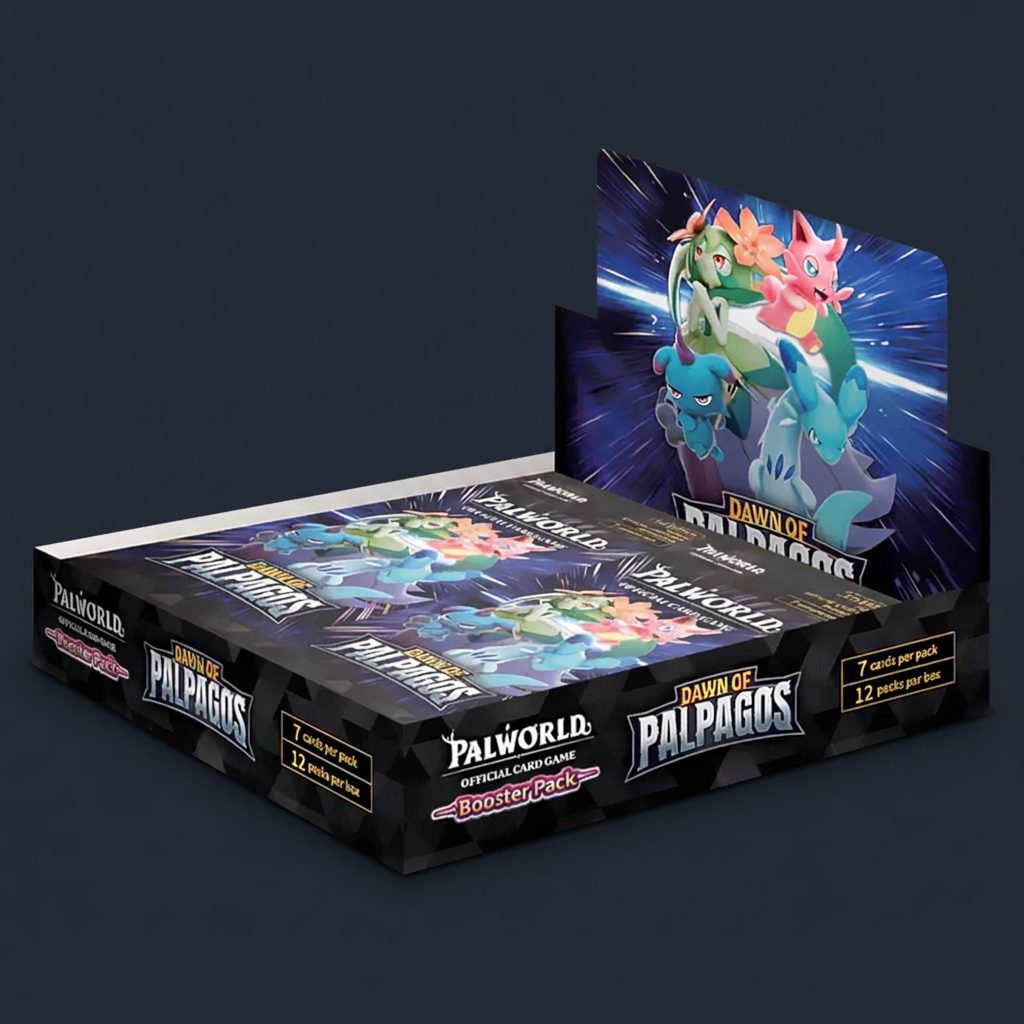 Palworld OFFICIAL CARD GAME Dawn of Palpagos booster box holding 12 sealed booster packs