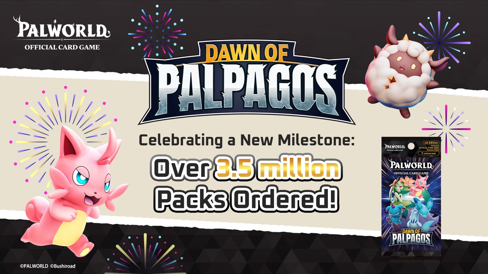 Palworld OFFICIAL CARD GAME milestone art celebrating over 3.5 million Dawn of Palpagos packs ordered