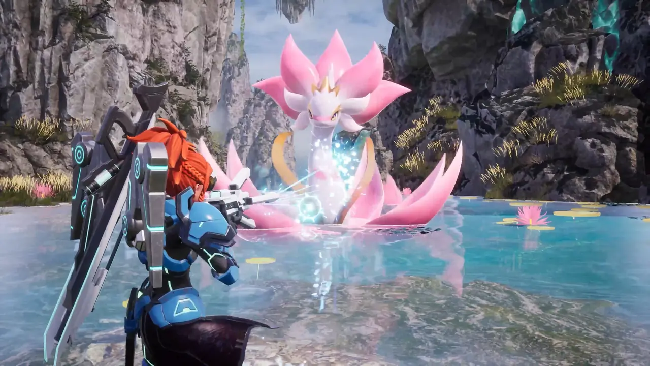 Player fighting a large water Pal during a Palworld boss encounter