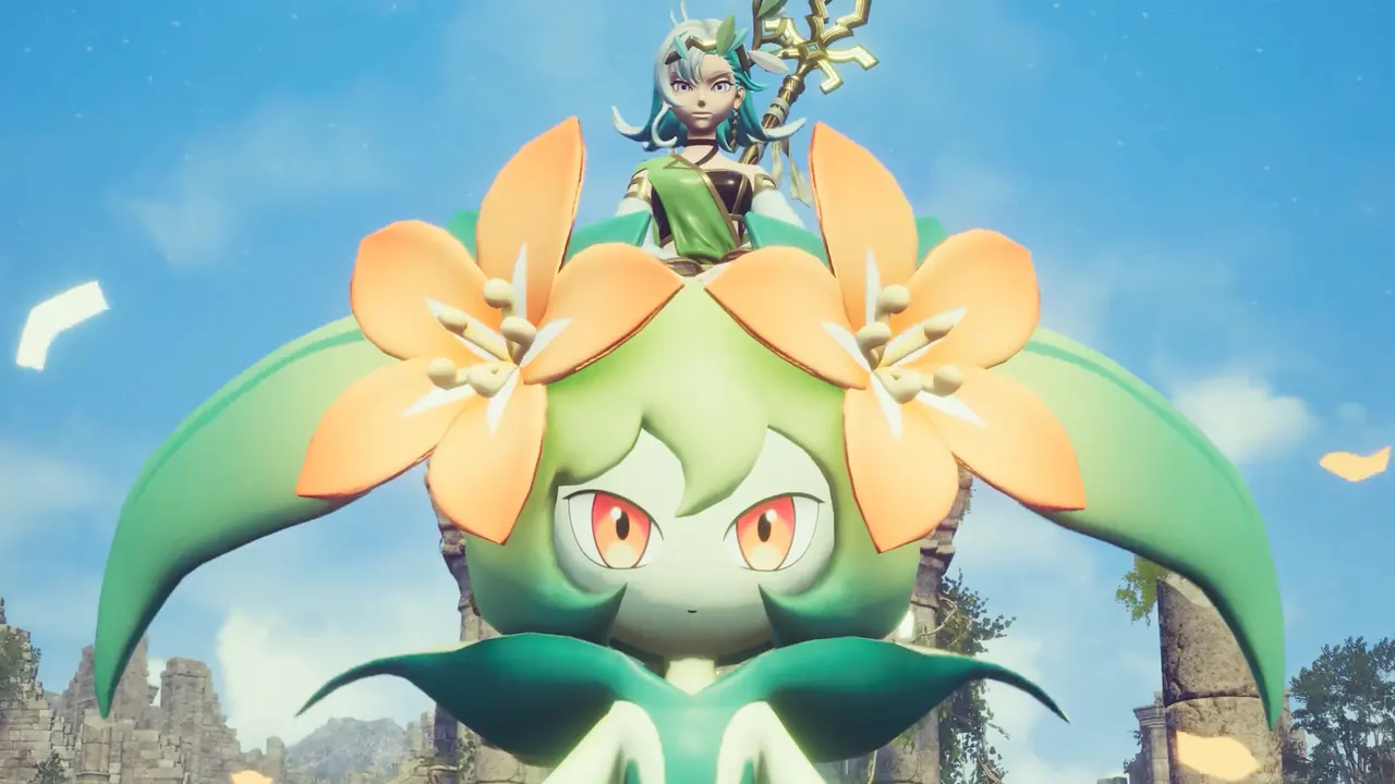 Palworld character riding a flower Pal during gameplay