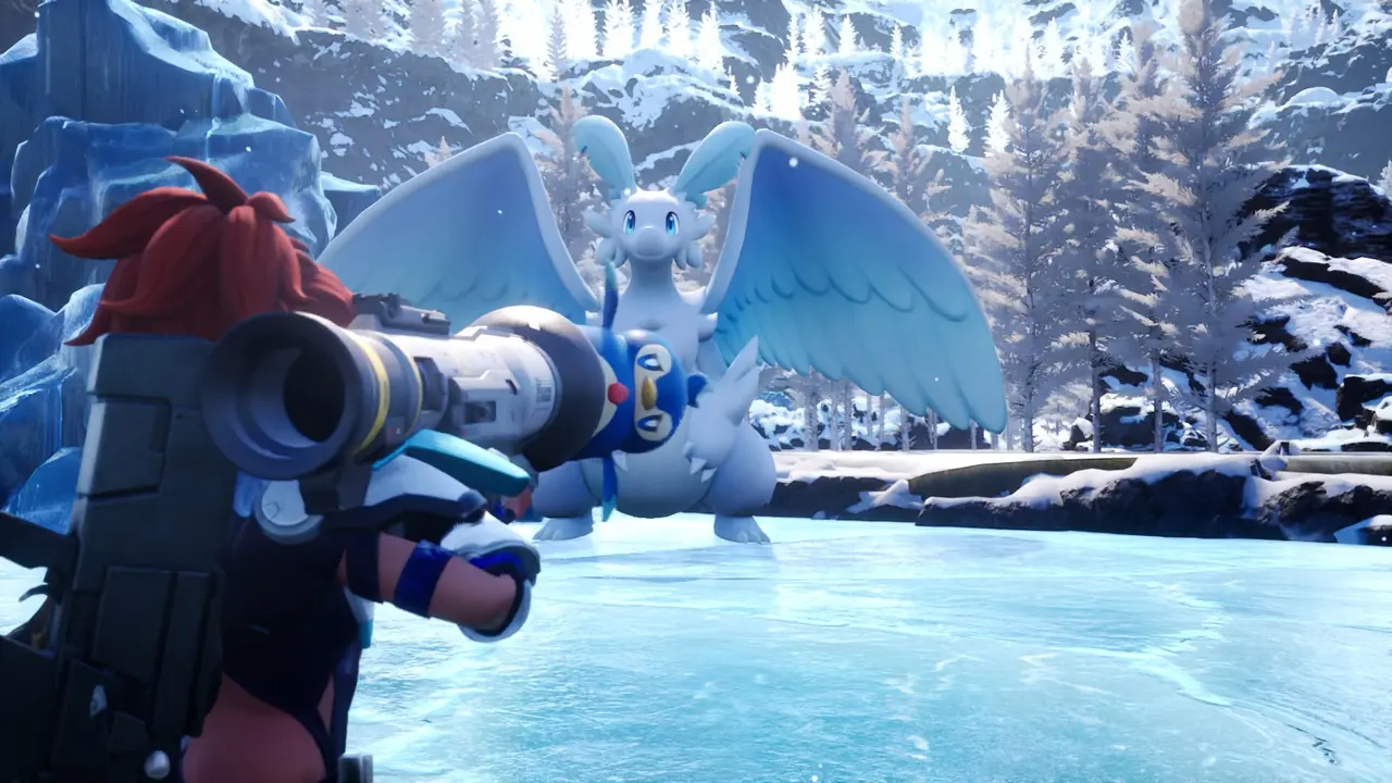 Player aiming at an Ice Pal during an elemental Palworld battle