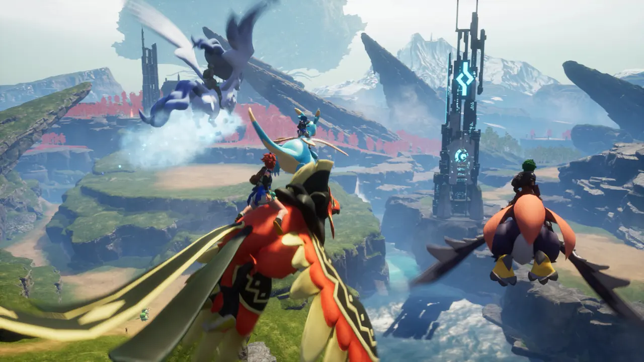Player riding a flying Pal across the Palpagos Islands in Palworld