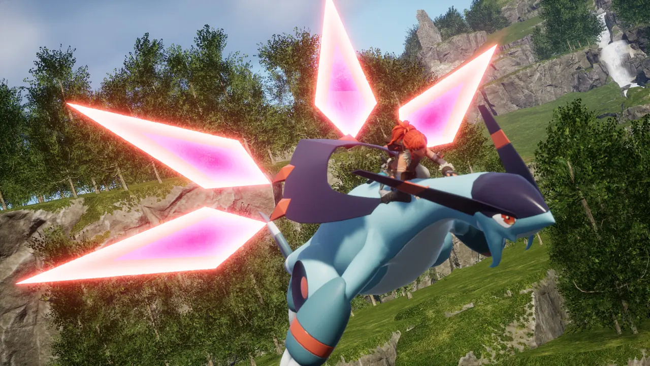 Player riding a fast flying Pal through the Palworld landscape