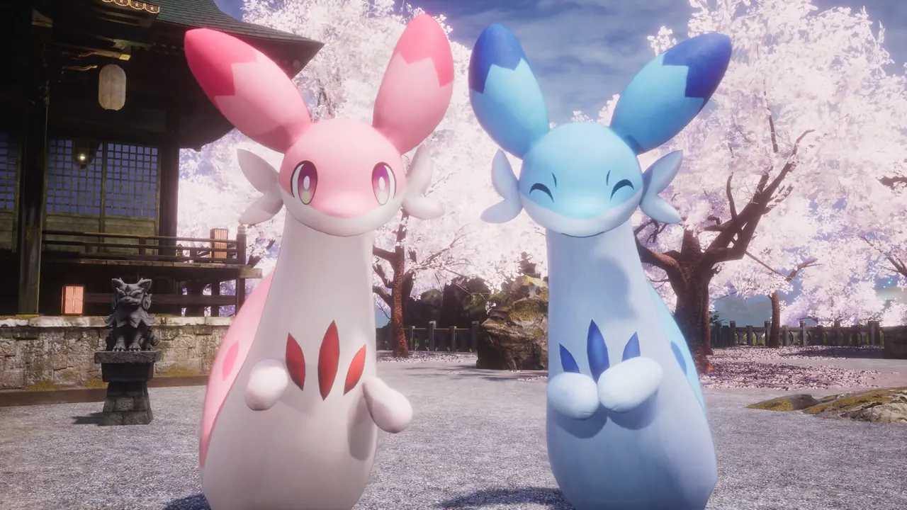 Two Palworld Pals standing together beneath cherry blossoms