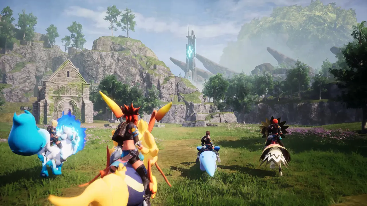 A Palworld player exploring with a varied team of Pals