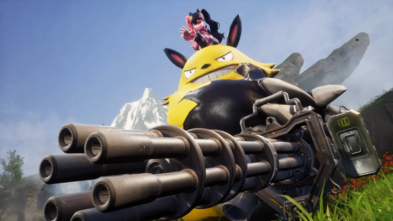 Palworld Pal carrying a multi-barrel weapon during gameplay